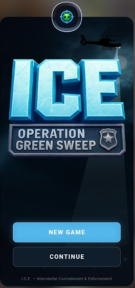 ICE: Operation Green Sweep — the title screen, searchlights over a night sky